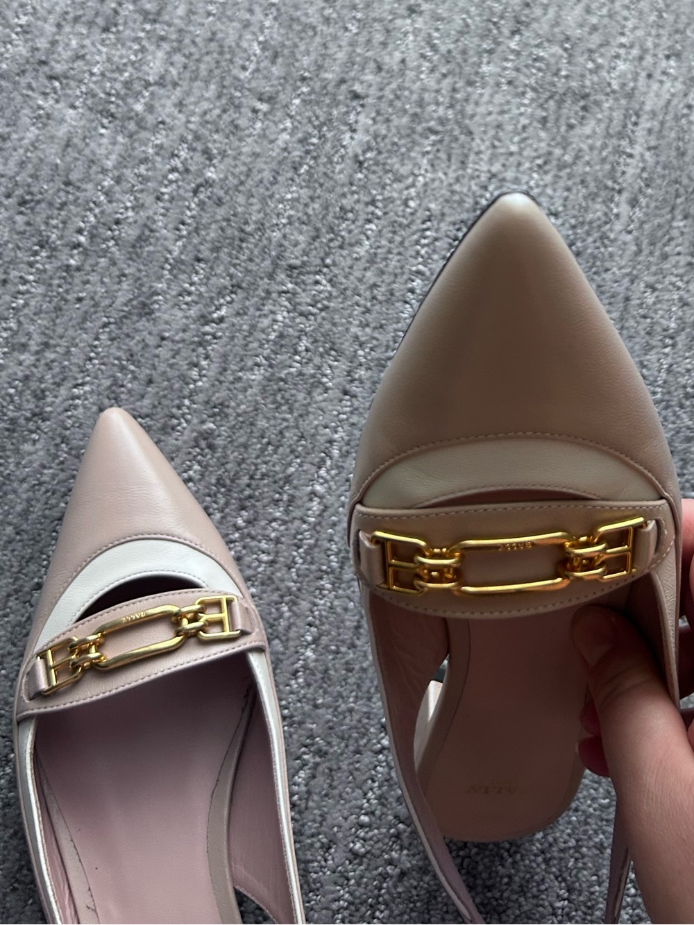 Bally Pink and White Leather Slingback Pointed-Toe Pumps with Gold Buckle - Picture 4 of 5